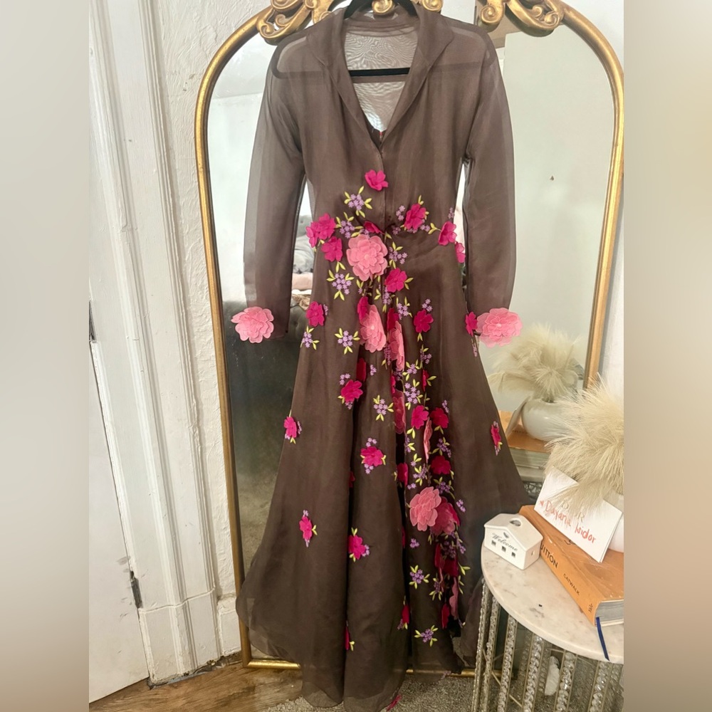 Vintage 70s Stavropoulos Sheer Floral Appliqué Maxi Dress Boho Romantic